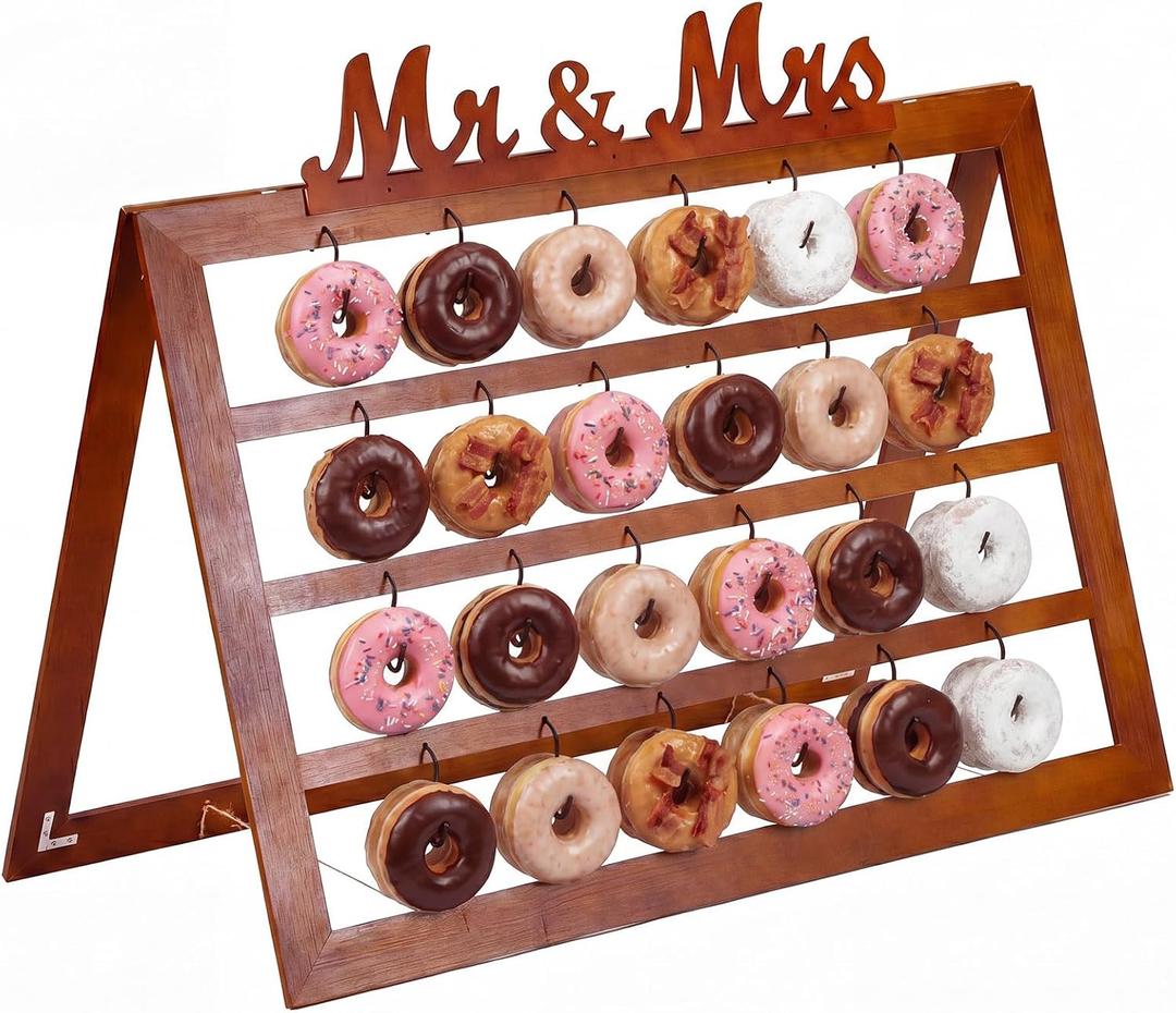 SiliFine Mr & Mrs Wedding Supplies Donuts Wall Display Stand Rustic Decor Holder for Party Events Engagement Wedding Holds 48 Donuts with Wooden Display Sign