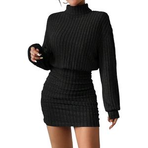Women's Pullover Sweater Dress Long Lantern Sleeve Turtle Neck, Small