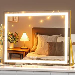 Vanity Mirror with Lights, 15" 11" LED Makeup Mirror, Lighted Makeup Mirror with Lights, Smart Touch Control Dimmable 3 Modes Light 360Rotation Gold