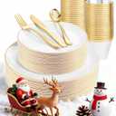 WDF 150Pcs White and Gold Plastic Plates - Gold Plates Disposable - 25guest Disposable Dinnerware Include 25 Dinner Plate, 25 Dessert Plate, 25 Cutlery & 25 9oz Cups for Wedding & Christmas Party