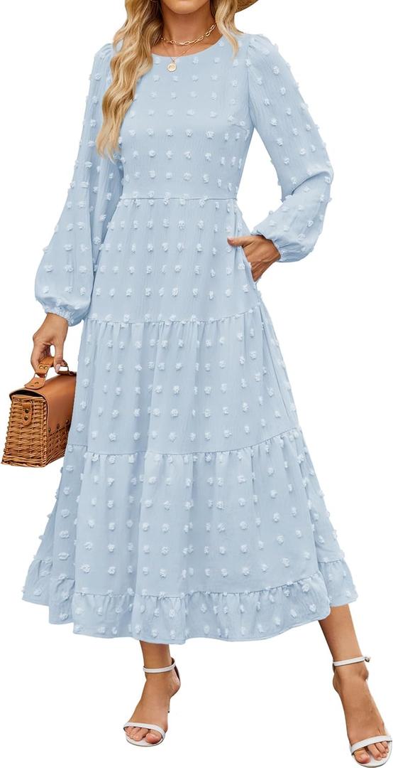 ZESICA Women's Spring Long Sleeve Maxi Dresses 2026 Crew Neck Swiss Dot Tiered Flowy A Line Wedding Cocktail Party Dress (Light Blue), S