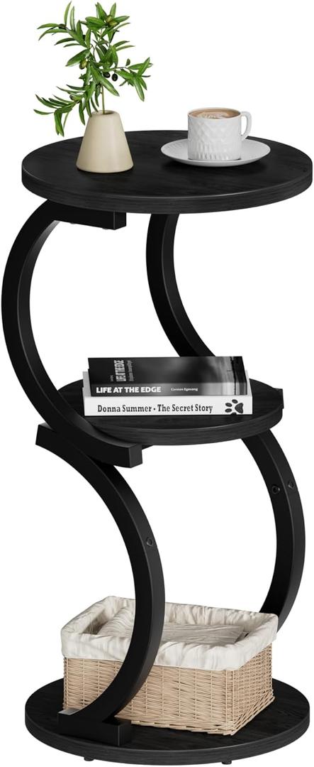 JUSTOGO Small Round Side Table, 3-Tier End Table for Living Room, Vintage Nightstand for Small Spaces Sofa Couch Corner Bedside Bedroom, S-Shaped Wood Accent Table Metal Coffee Table, Black