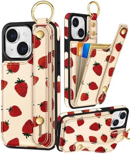 Petitian for iPhone 15 Case with Wallet - Women Girls Cute Girly Aesthetic Unique Design with Leather Credit Card Holder Cardholder Stand Wristband for Apple 15, Strawberry