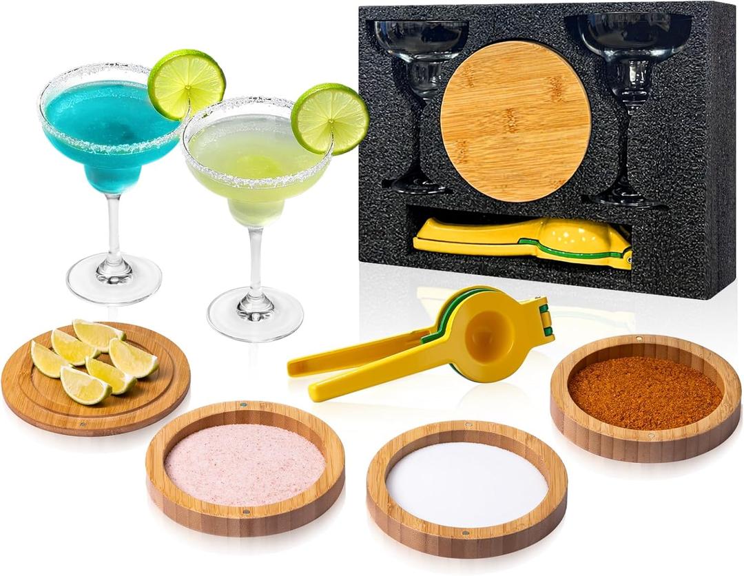 3-Tier Bamboo Margraita Salt Rimmer Set with 2 Glass&Lemon Squeezer,Margraita Kit Gift Set,Salt&Sugar Rimmer for Drinks,Glass Rimmer Tools with Magnetic Swivel Lid for Bartenders,Parties (4)