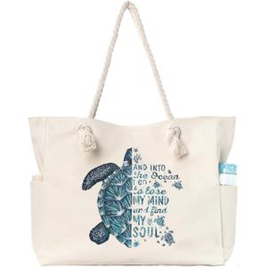 Beach Bags for Women Large Waterproof Beach Travel Tote Bags Sandproof Swim Pool Bag Canvas Zipper Big Tote (Sea Turtle-off White)