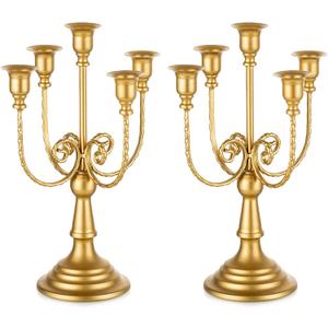 Romadedi Candelabra Gold Candle Holders - 5 Arm 11.8" Wedding Candlestick Holder for Theme Party Table Centerpiece Decor Dining Room Birthday Holiday Christmas, Set of 2
