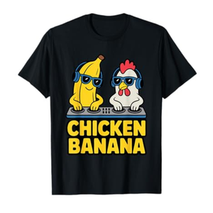 Funny Chicken Banana T-Shirt. S, Girls, Black 