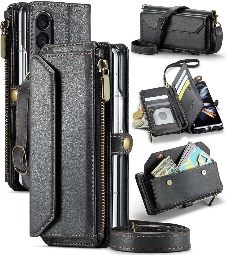 Asuwish Phone Case for Samsung Galaxy Z Fold 4 5G 2022 Zipper Wallet Cover with S Pen and Leather Flip RFID Blocking Credit Card Holder Cell Accessories ZFold4 Z4 Fold4 4Z ZFold45G Women Girls Black