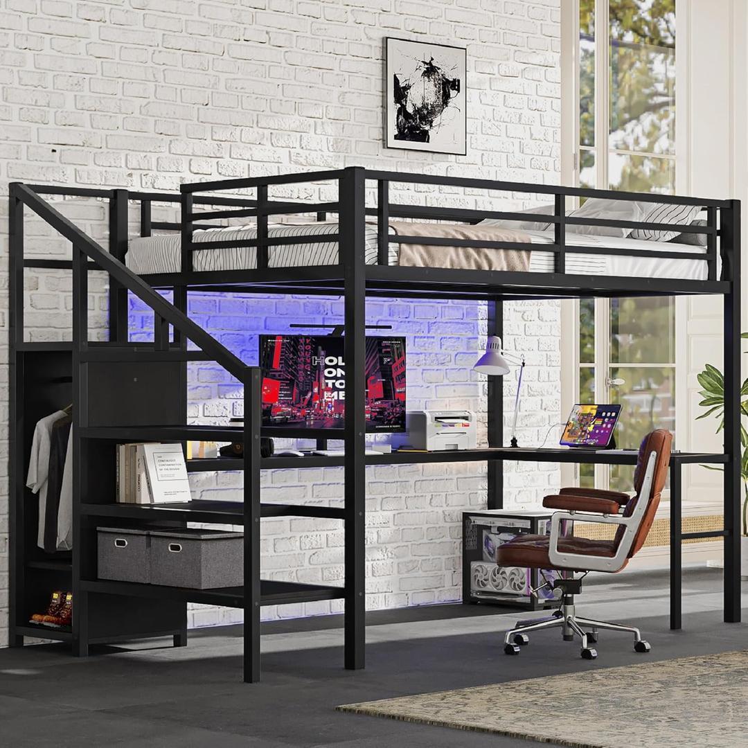 Bellemave Queen Loft Bed with Desk & Wardrobe, Heavy Duty Metal Loft Beds Frame with Storage Stairs, LED Loft Bed Queen Size with Charging Station & Safety Guardrails, No Box Spring Needed, Black
