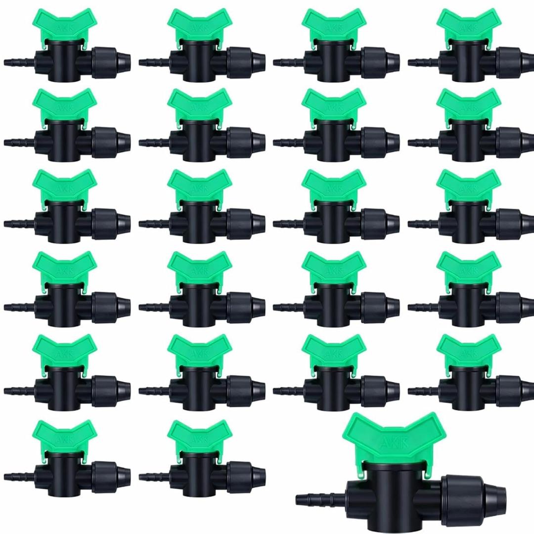 Hiboom 20 Pcs Drip Tape Irrigation Fittings 5/8"(16 mm) x 1/4" Barb Tubing Takeoff Adapter Valve Extended Barb Design for Green T Handle Adjustable Shut Off Watering Plants in Gardens Lawn
