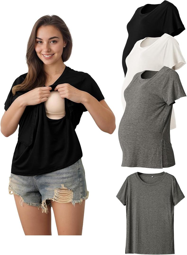 Rnxrbb Hidden Summer Nursing Tops for Breastfeeding Short Sleeve Maternity Nursing T Shirts Clothes 3 Pack Double Layer (Large, Black&White&Deep Gray)