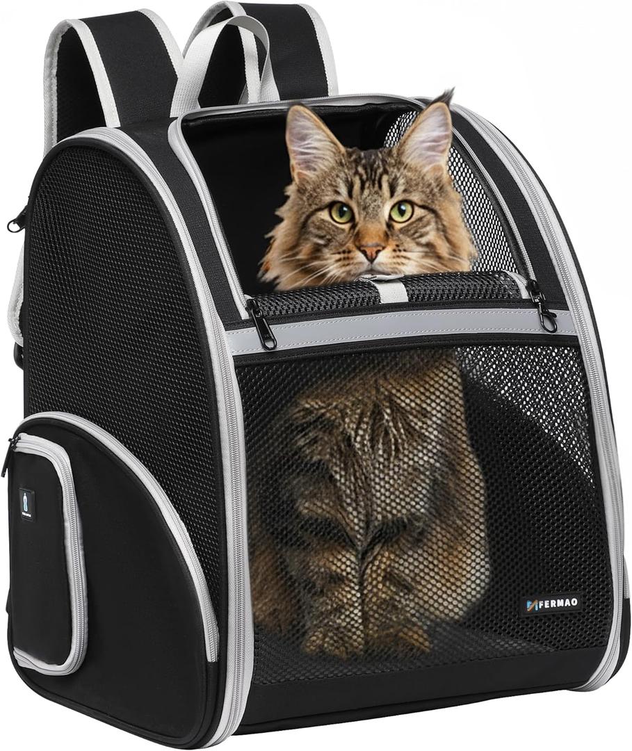 FERMAO Pet Backpack Carrier, Large Cat Carrier Backpack Up to 20 Lbs with Breathable Mesh, for Medium Large Cats or Small Dogs, Travel Hiking Camping Backpack (Black-XL)