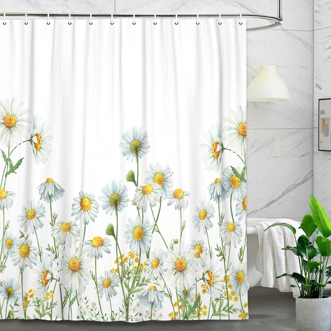 Rustic Floral Shower Curtain, Modern Watercolor Daisy 69x72inch, Natural Wildflower Bath Curtain, White Cloth Fabric Bathroom Curtains with 12 Hooks for Farmhouse Decor