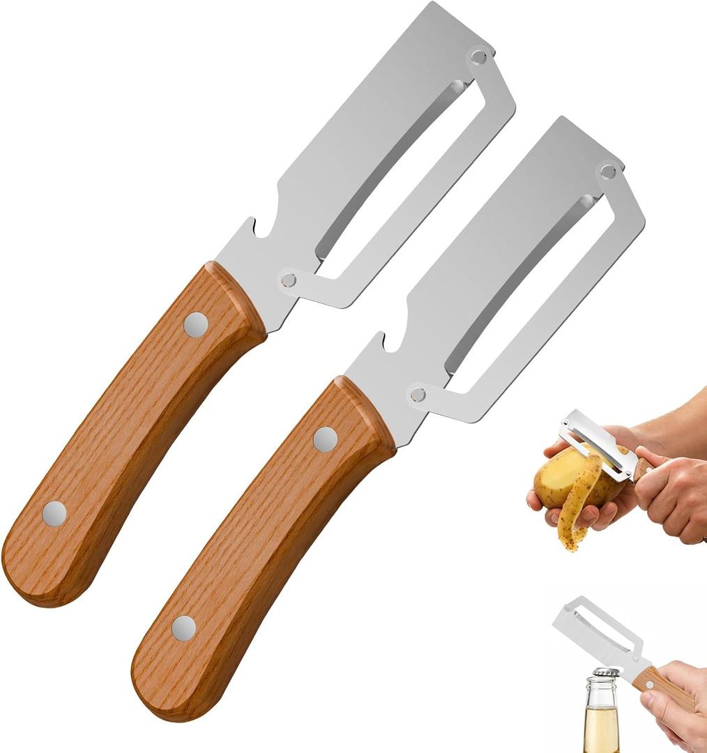 3 x 2 Packs Multi-Functional Vegetable Peeler for Kitchen with Wooden Handle and Bottle Opener, Ultra-Sharp Stainless Steel Blade Kitchen Tool for Veggie, Fruit, Potato, Carrot, Apple, Pumpkin, Papaya