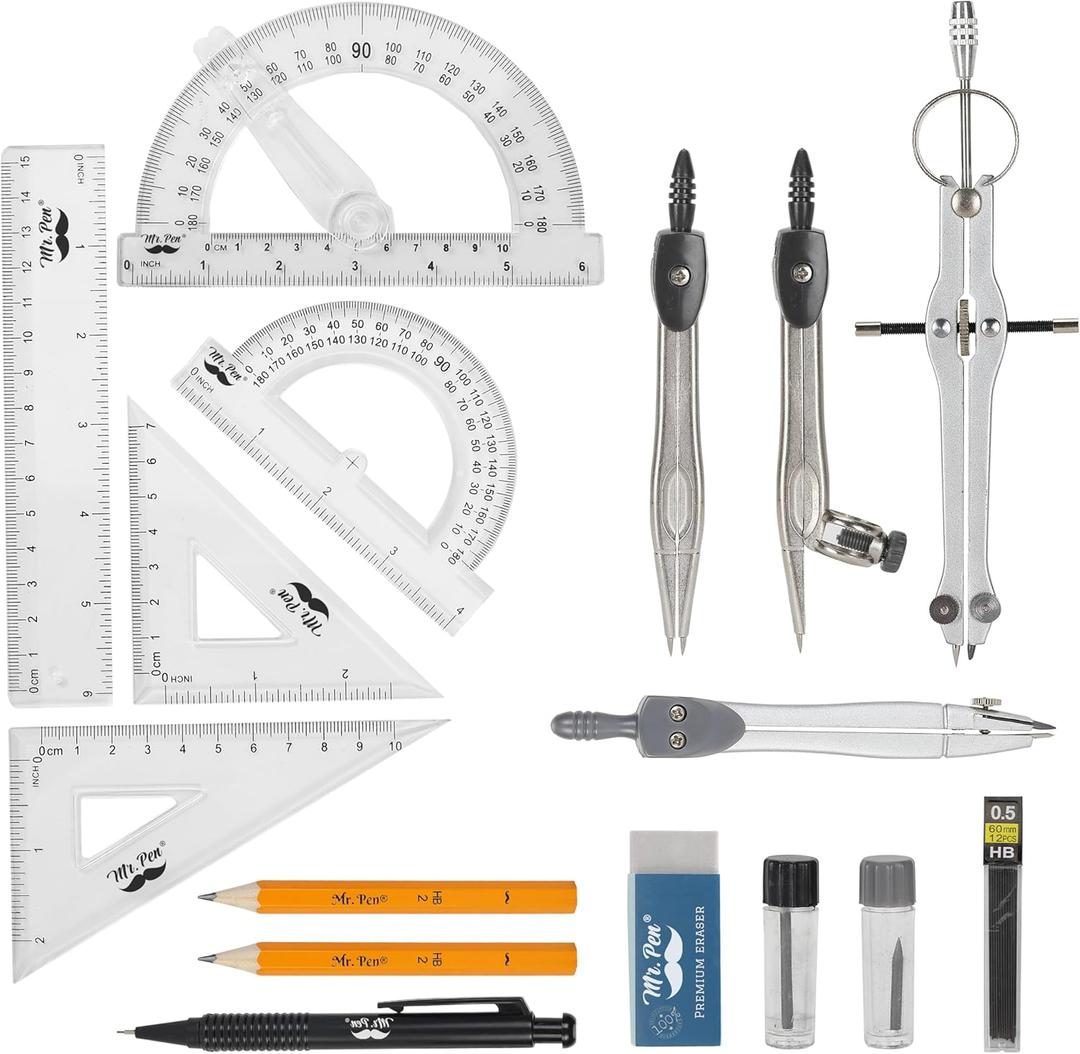 Mr. Pen Geometry Set with 6 Inch Swing Arm Protractor, Divider, Set Squares, Ruler, Compasses and Protractor, 15 Piece Set, Back to School Supplies
