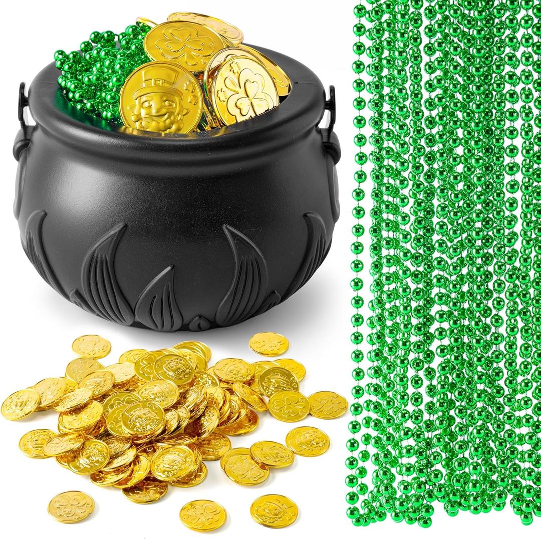 JOYIN 119 Pcs St. Patricks Party Supplies Set, 18 Green Bead Necklaces, 100 Plastic Coins & 1 Cauldron, St Patricks Day Party Favor Supply (Black Cauldron, Green Bead Necklace & Gold Coins)