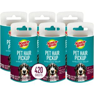 Scotch-Brite Pet Hair Pickup Extra Sticky Lint Roller, Designed for Removing Fur + Fluff on Couches, Clothes, Dog and Cat Beds, & More, 6 Pack, 420 Easy-Tear Adhesive Sheets Total
