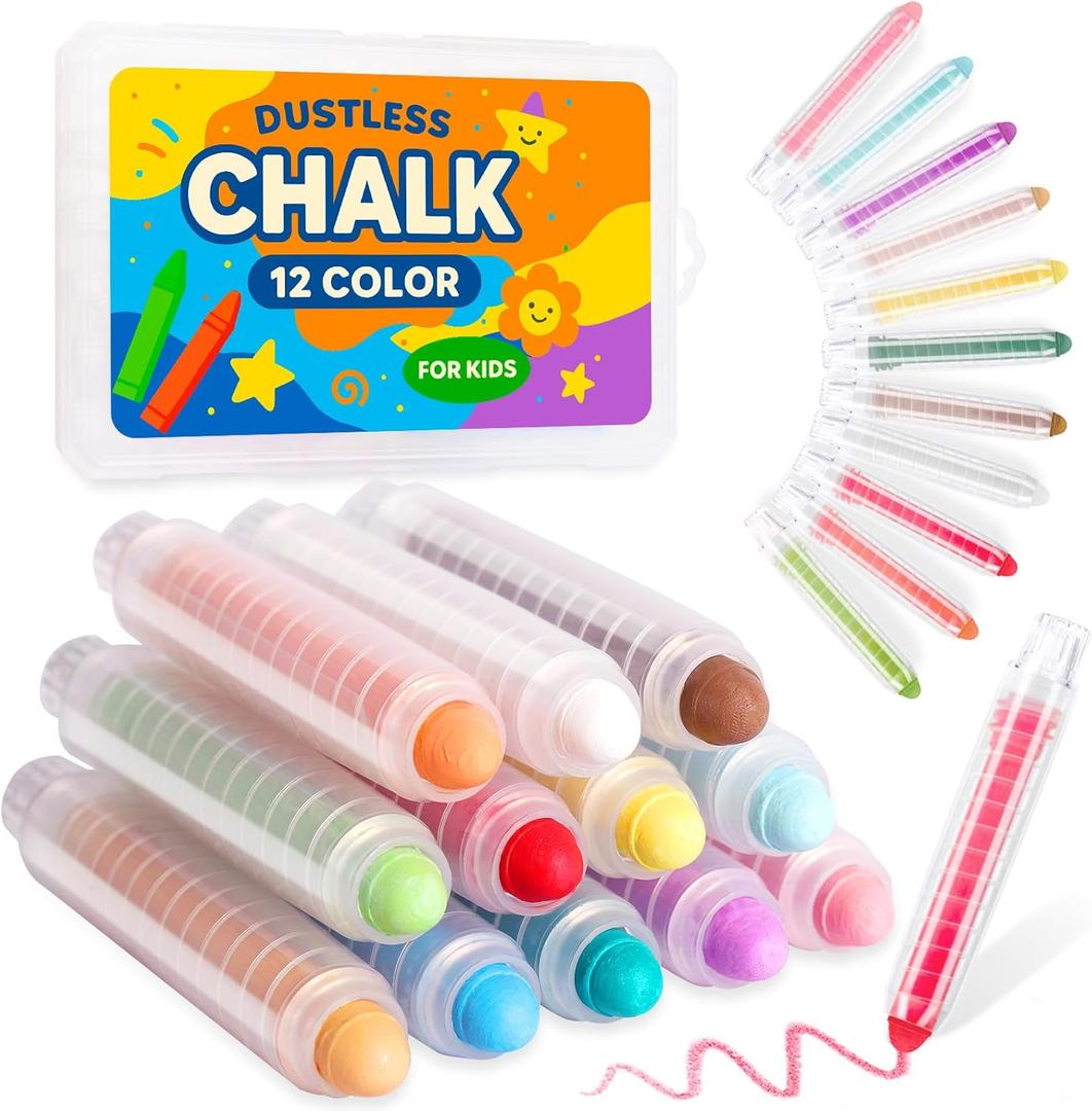 Dustless Chalk for Kids Indoor Chalkboard, 12 Colors Washable Sidewalk Chalk Set with Protective Box, Mess-Free for Drawing on Chalkboards Papers Sidewalks, Perfect for Toddlers Boys Girls Kids
