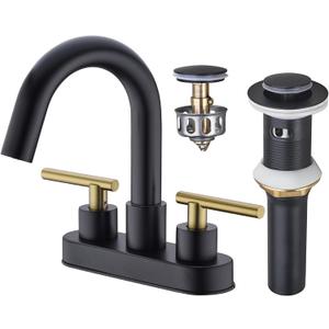 BSTIIU Bathroom Faucet, 3-Hole Black and Gold Vanity Faucet with Metal Sink Drain, 2-Handle 4-Inch Centerset