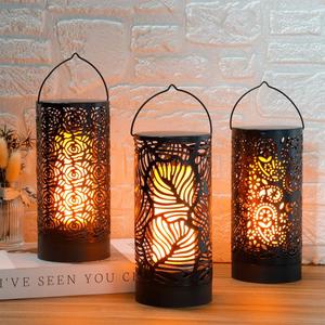 TRIROCKS Set of 3 LED Cordless Metal Lantern with Timer 7" H Moving Flame Lamp Battery Operated Breathing Lamp Floral Hollow LED Hanging Lighting for Indoor/Outdoor Patio Garden Party Gift