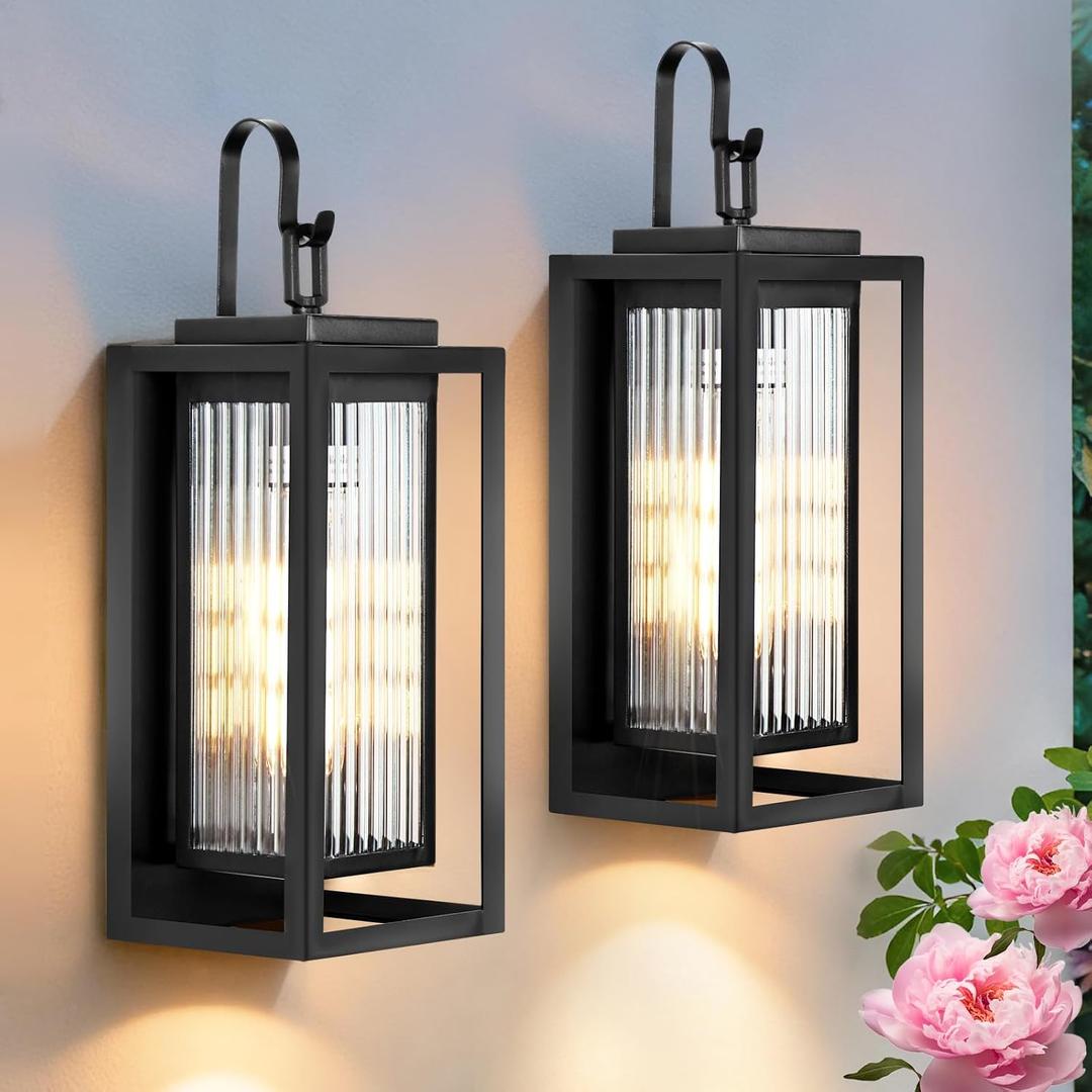 2 Pack Outdoor Wall Lights for House Exterior, 18 Inch Large Black Modern Lantern with Dual Metal Frame & Textured Glass, IP65 Waterproof (Bulbs Included)