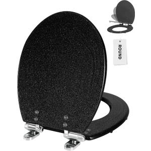 Angol Shiold Black Round Resin Toilet Seat Soft Close Quick Release Metal Zinc Alloy Hinge Easy to Install also Easy to Clean, Decorative Acrylic Seats (17 Inch, Black Starlight Glitter)