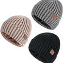 HONGTEYA 3 Pack Winter Beanie for Men Women, Thicken Thermal Plush Lined Beanie Fashion Warm Knit Hat for Cold Weather (One Size, Khaki+Gray+Black)