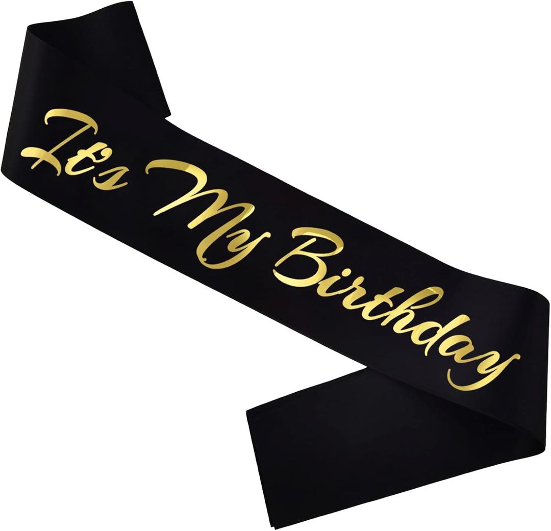 It's My Birthday Sash, Gold Foil Letter Black Birthday Sash for Women or Men Bday Party Supplies, Gifts for Bday Party Favors