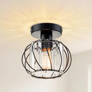 Industrial Semi Flush Mount Ceiling Light with Crystal Shade and Black Cage Design, Vintage Farmhouse Lighting Fixture for Kitchen Hallway Bedroom Laundry Room