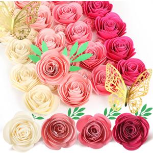 Gilprop 36 Pcs 3D Rolled Artificial Roses Paper Flowers for Crafts Graduation Cap Decoration Wall Decor Mini Crafts DIY Gift for Graduation Wedding Shadow Box Frame Cake Topper (Dark Pink)