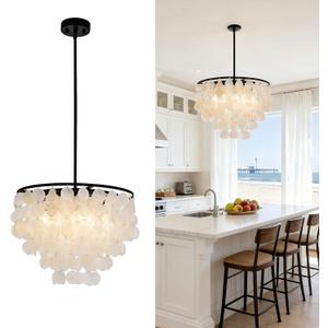 4-Lights Capiz Shell Chandelier - 17.7” Coastal Chandelier For Dinning Room, Beach House Modern Black Light Fixture With Natural Shells, Seashell Pendant Light For Living Room, Kitchen, Bedroom