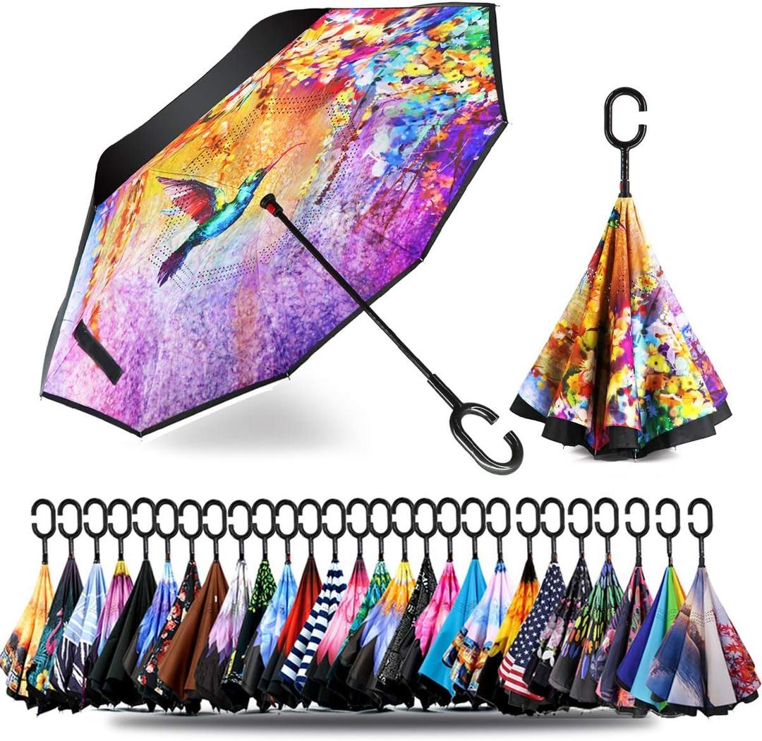 SIEPASA 49/56 Inch Inverted Reverse Upside Down Umbrella, Extra Large Double Canopy Vented Windproof Waterproof Stick Golf Umbrellas with C-Shape Handle