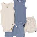 Modern Moments by Gerber Baby Boys' Ribbed 4-piece Sleevless Bodysuit & French Terry Short Set (12 Months, Tan/ Blue)
