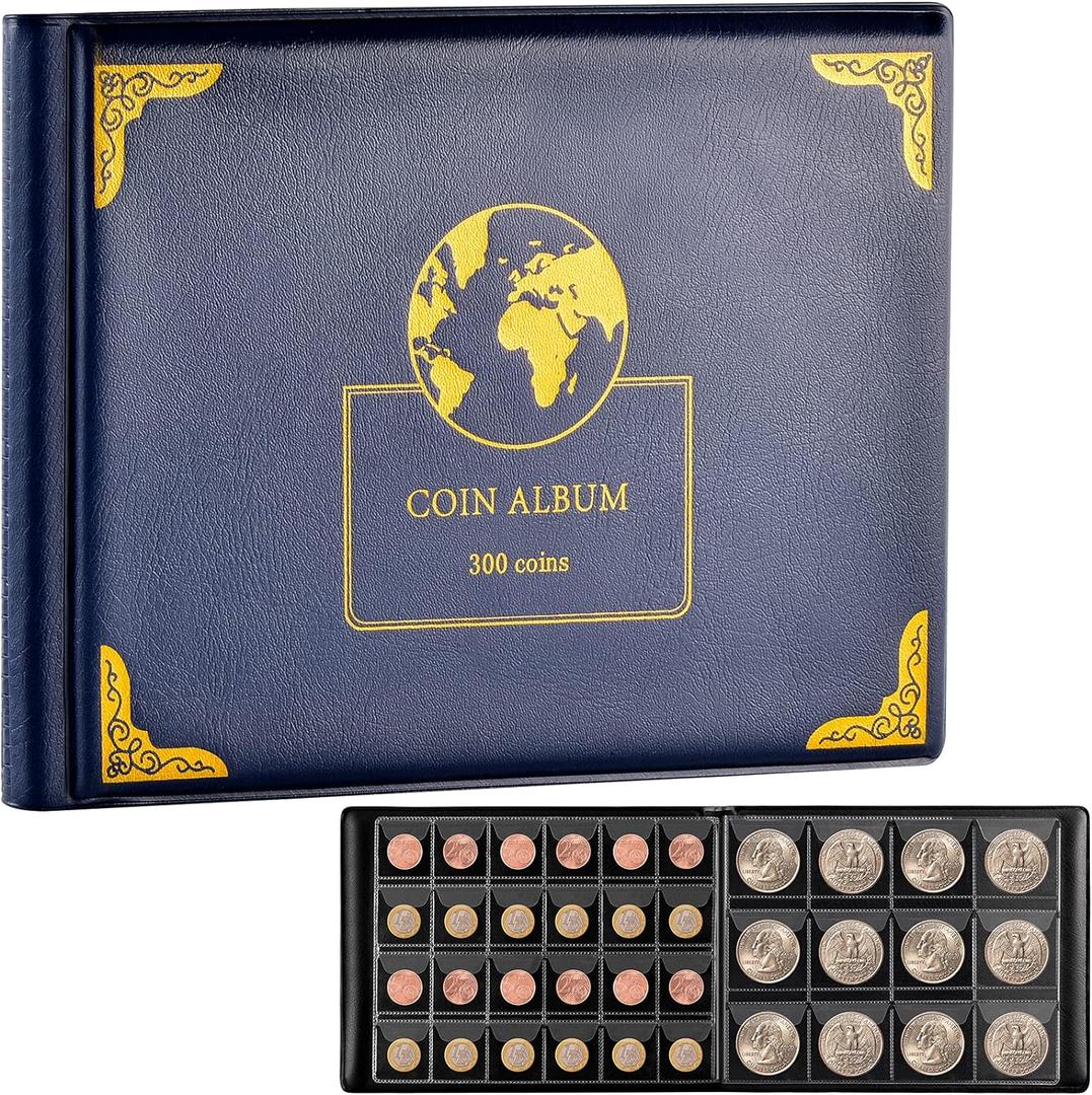 Coin Collection Supplies Holder Book for Collectors, 300 Pockets Coin Collection Organizer Storage Box Case Album for 20/25/ 27/30/ 38mm Coins- Blue