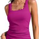 ANFILIA Scalloped Tankini Top Ribbed Bathing Suit Top Women Square Neckline Swimsuit Top (Pink, M)