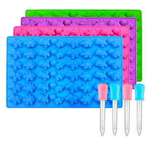 Palksky Mini Dinosaur Silicone Candy molds/Dragon Gummy Bear Mold, Non-Stick Gummie Chocolate Gelatin Tray (4-Pack+4 Droppers) Creates 192 Sweet Snacks Triceratops T-Rex Stegosaurus Brontosaurus