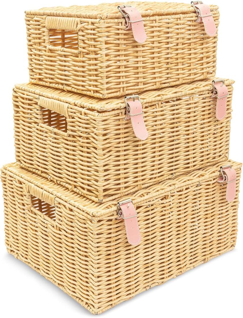 Wicker Storage Baskets with Lids  Set of 3 (Large, Medium, Small) for Organizing Clothes, Toys, Books  Stackable Basket with Lid for Bedroom, Nursery, and Home Decor
