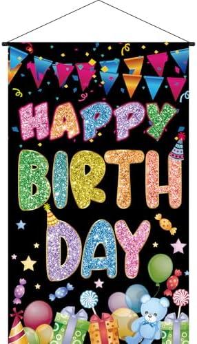 19.7 x 11.8 Inches Happy Birthday Sign Banner, Colorful Hanging Door Wall Banner Hanger Decorations, Photo Booth Backdrop for Kids Girls Boys Bday Party Supplies, Baby Shower, Indoor Outdoor Decor