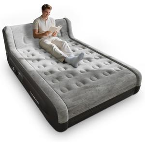 Queen Air Mattress with Headboard – Built-in Rechargeable Pump,18 Inch Inflatable Mattress，Plush Dutch Velvet – Portable Inflatable Bed for Camping, Guests & Home(Grey)