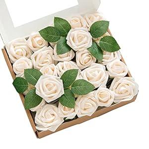 Ling's Moment Artificial Wedding Flowers 1.5" Rose Buds and 2" Petite Roses 25pcs Cream w/ Stem for DIY Wedding Boutonniere Wrist Corsages Bouquets Centerpieces Arrangements