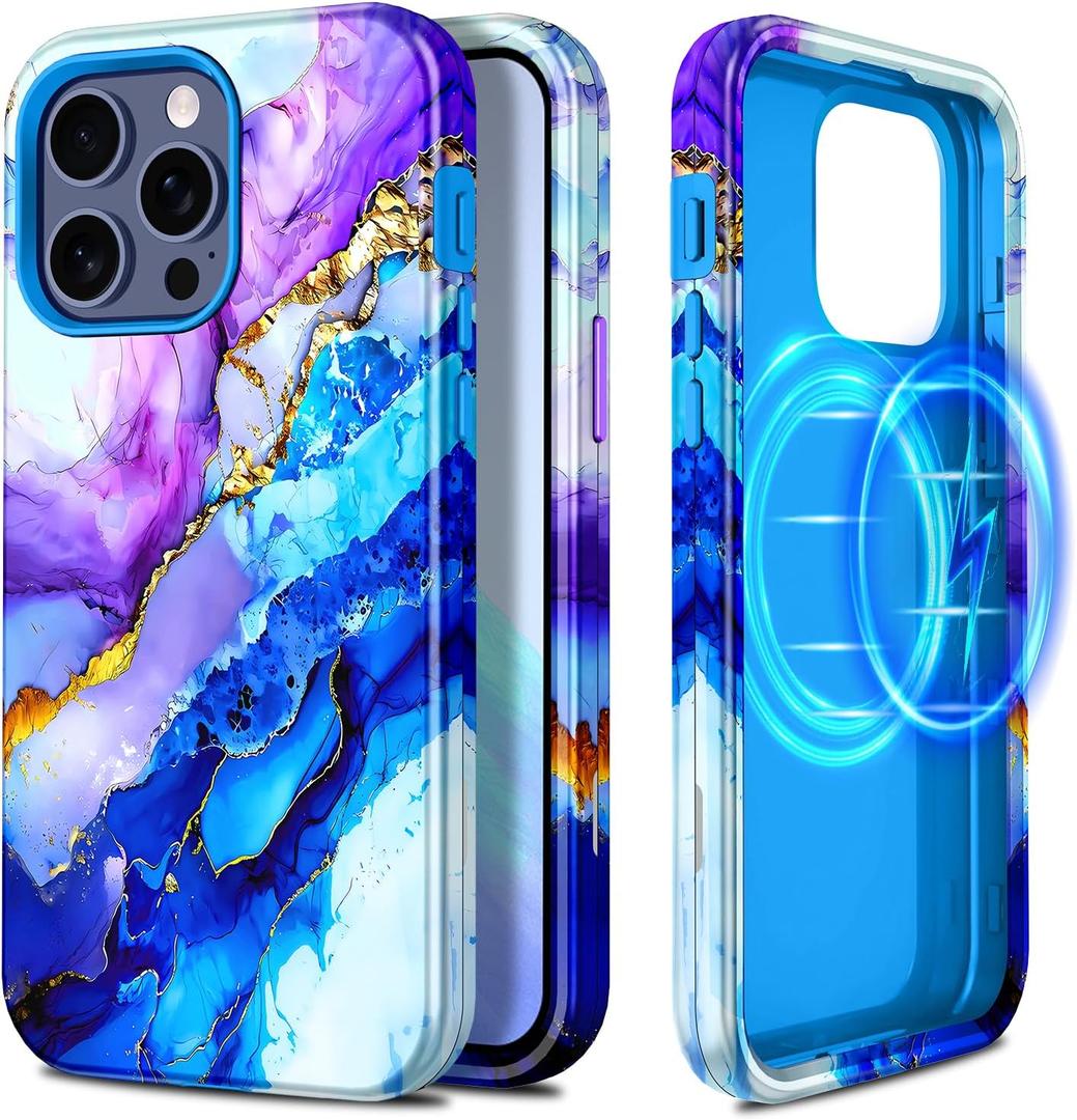 Casetego for iPhone 15 Pro Max Case,Compatible with MagSafe,[Military Grade Drop Test] Full Body Protection Slim Shockproof Rugged Marble Women Girls Case for iPhone 15 Pro Max 6.7 inch,Azure Blue