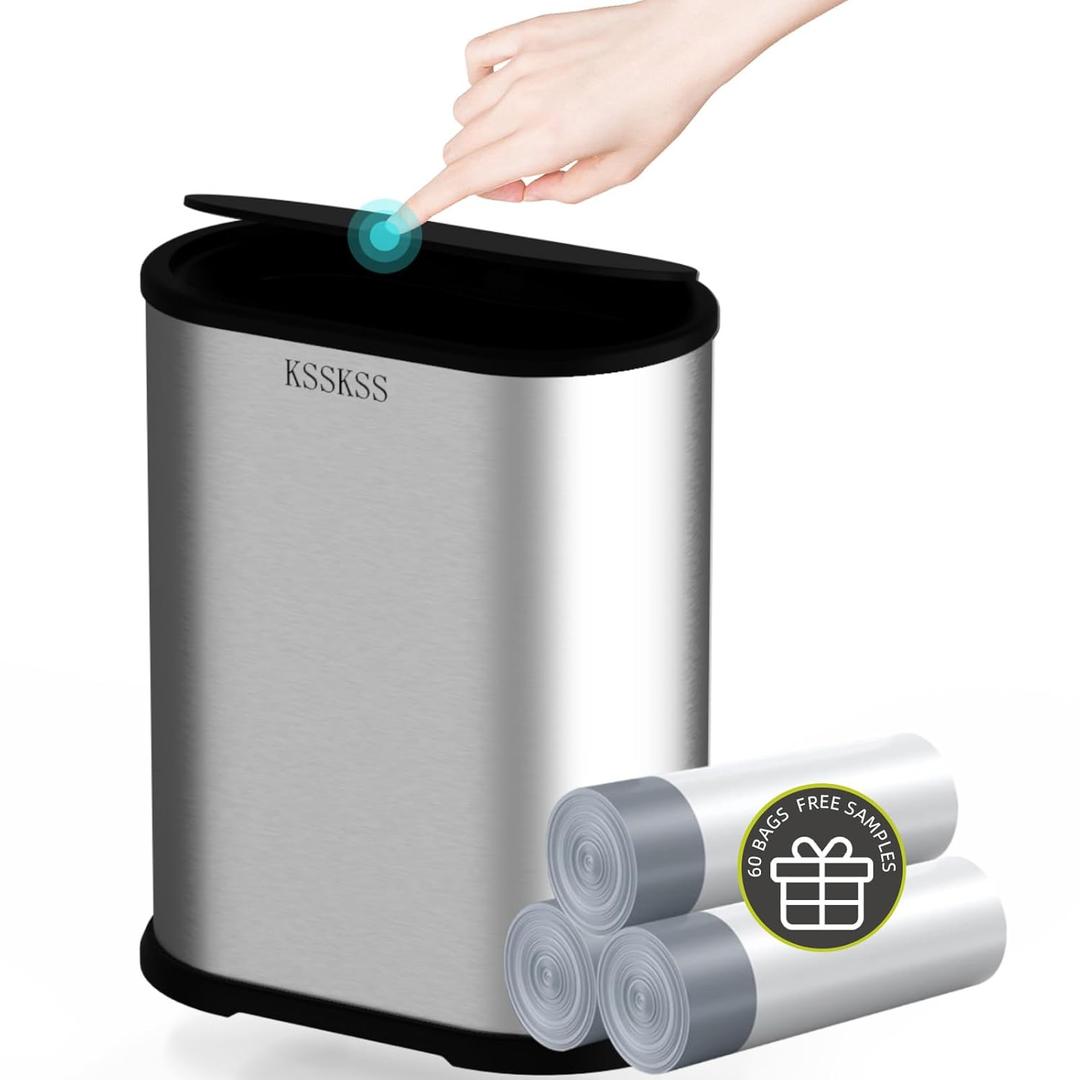KSSKSS 1.8 Gallons Small Stainless Steel Trash Can with Press Type Lid, Slim Bathroom Garbage Bin, Removable Liner Bucket, Dog Proof Narrow Wastebasket with Pop-Up Lid for Bedroom,Toilet (Silver)