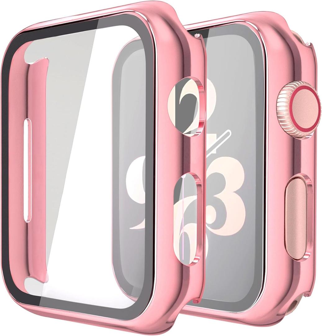 Misxi 2 Pack Hard PC Case with Tempered Glass Screen Protector Compatible with Apple Watch SE 3 (2025) SE 2 SE Series 6 Series 5 Series 4 40mm, 1 Rose Pink + 1 Transparent