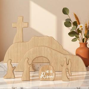 Empty Tomb Easter Scene with Cross Christian Decor, Wooden Easter Resurrection Scene Jesus Tomb Tray Set for Religious Decorations, Jesus Nativity Set for Home Office Tabletop, Christian Decoration, 9 inches x 3.5 inches x 0.3 inches