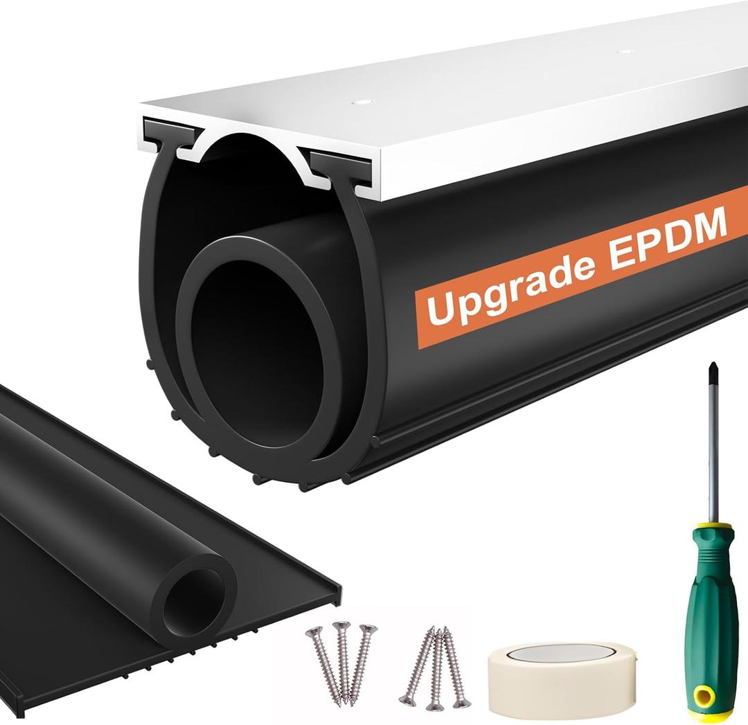 Garage Door Seals Bottom Rubber  8FT EPDM Weatherproof Seal with Pre-Drilled Aluminum Track Retainer Kit, Fits 8-20FT Doors, Rodent Proof, Noise Reducing (1.57" Width, Black)