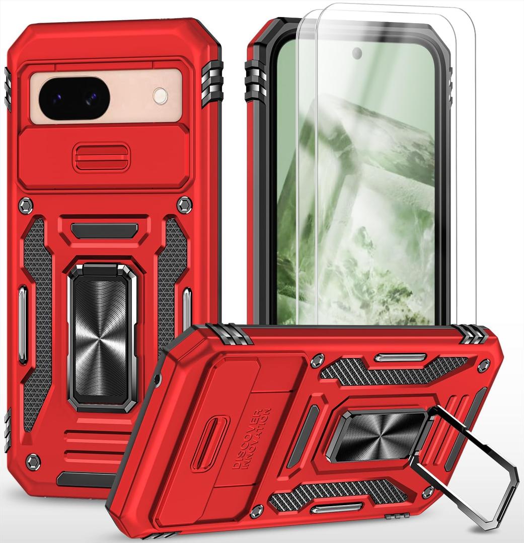 Compatible with Google Pixel 8A Case with HD Screen Protector,[Slide Camera Cover][Kickstand][Military-Grade] Heavy Duty Protection (Red)