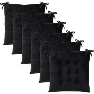 6 Pack Square Seat Cushion Chair Pads for Kitchen Dining Chairs, Soft Comfort Velvet Chair Mat Pillow Cushions with Ties for Office Desk Living Room Tatami 15.5", Black