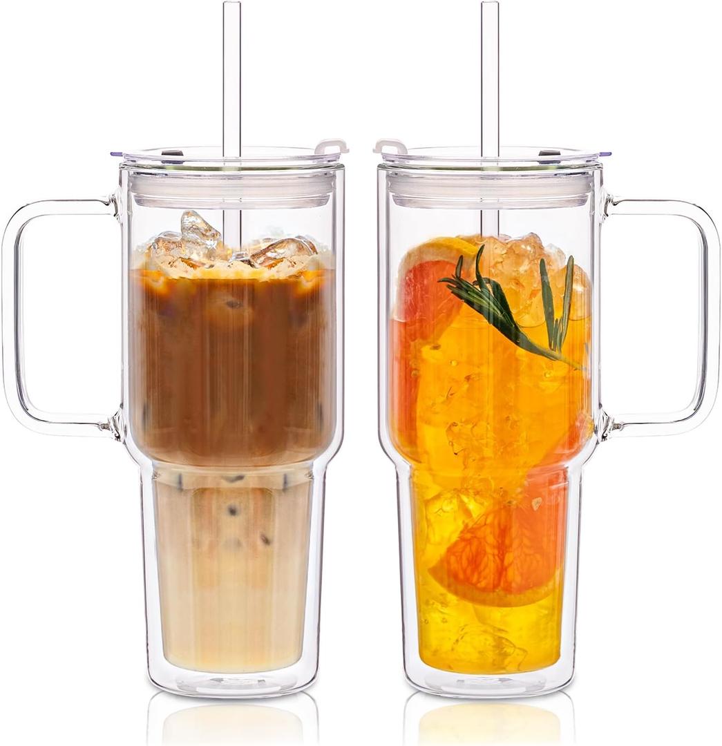 KEMORELA 2 Pack 28oz Double Wall Glass Tumblers with Handle, Lids & Straws  Large Insulated Clear Borosilicate Glass Cups for Iced Coffee, Smoothies, Bubble Tea & Cold Beverages