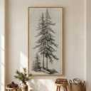 Large Framed Vertical Vintage Pine Tree Wall Art for Living Room, Neutral Sketch Rustic Classic Beige Canvas Artwork for Walls, Nordic Forest Farmhouse Wall Decor for Bedroom Hallway Office, 30x60 In