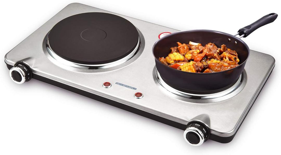 Electric Double Burner Hot Plate for Cooking, 1800W Portable Electric Stove, 6 Speed Adjustable Thermostats, Stainless Steel Hot Plate for Kitchen, Dorm and Camping